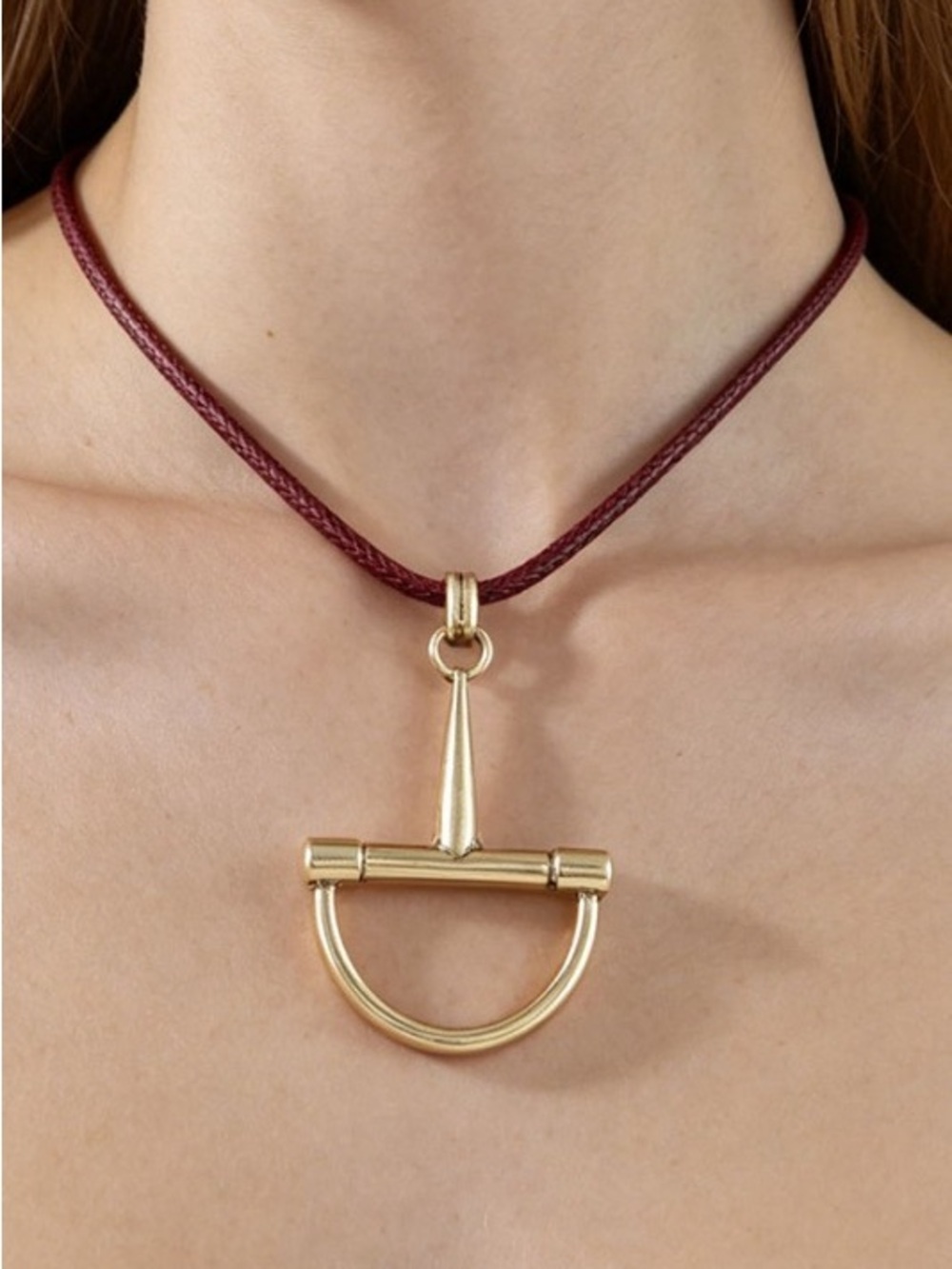 Gold Horseshoe Pendant Necklace on Burgundy Cord